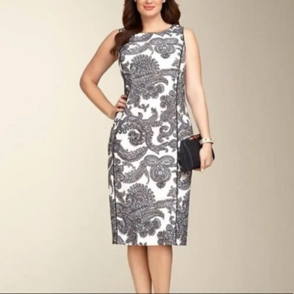 ✨ HP✨Talbots White Navy Royal Blue Paisley Sheath Career Dress✨